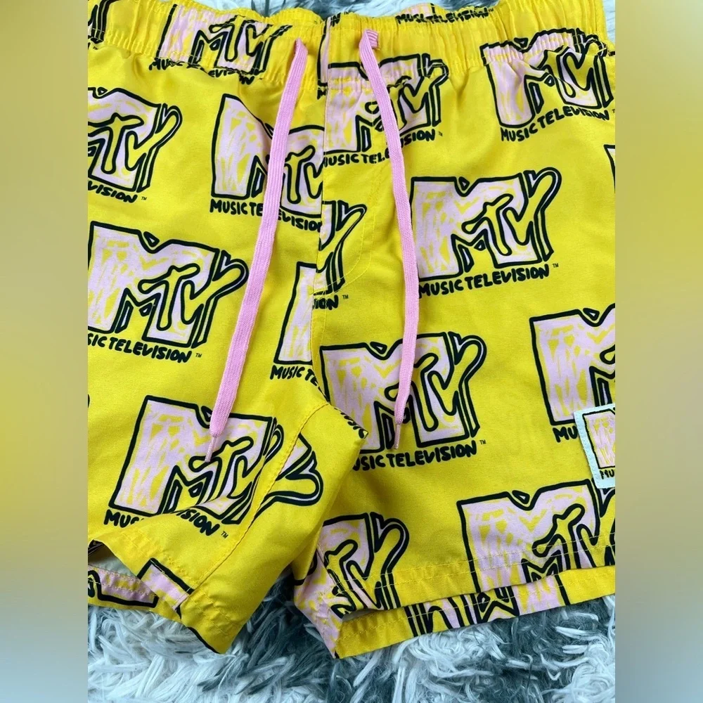 MTV Men's Yellow Pink Swim Trunks Logo Print Size Medium No Lining
